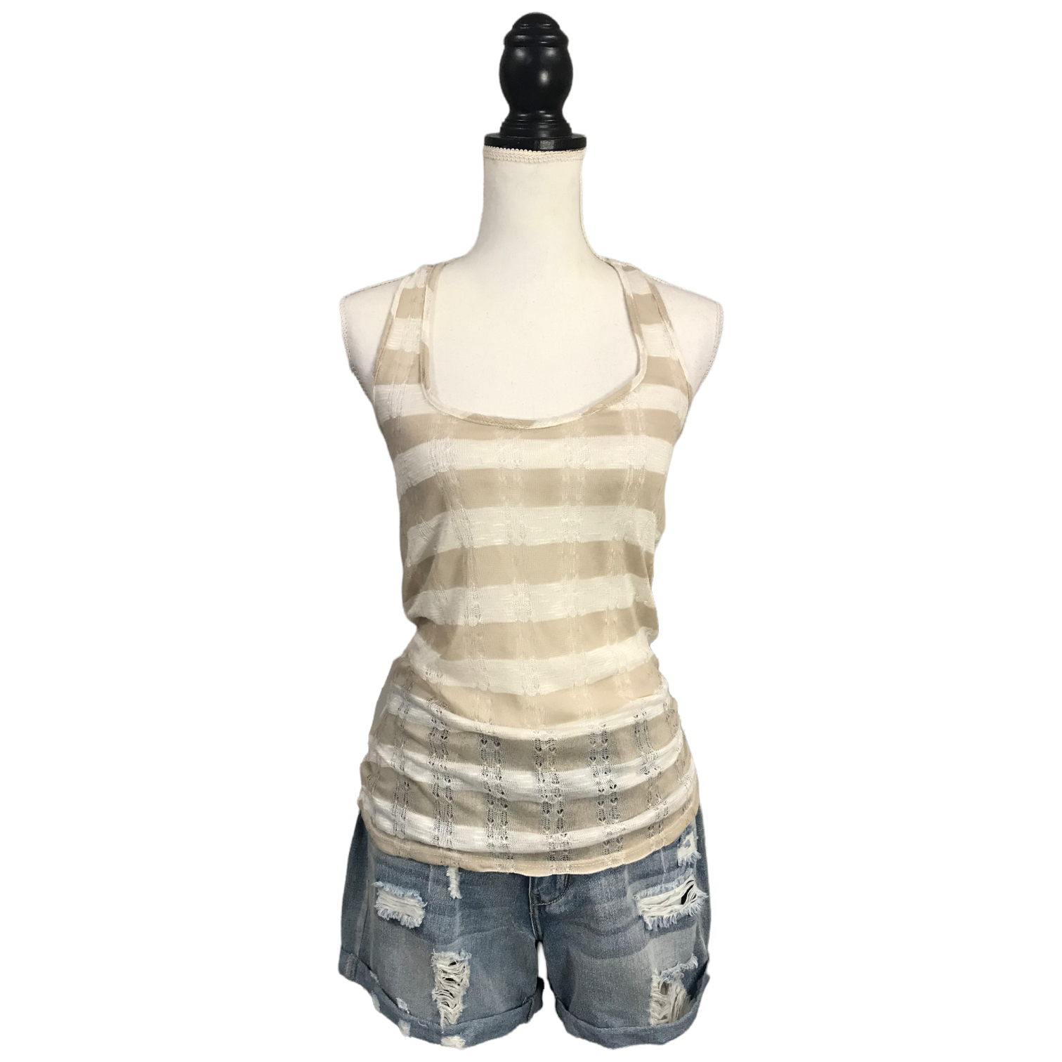 Striped Low Cut Scoop Neck T Back Tissue Thin Crochet Tank Top Tan S/M/L