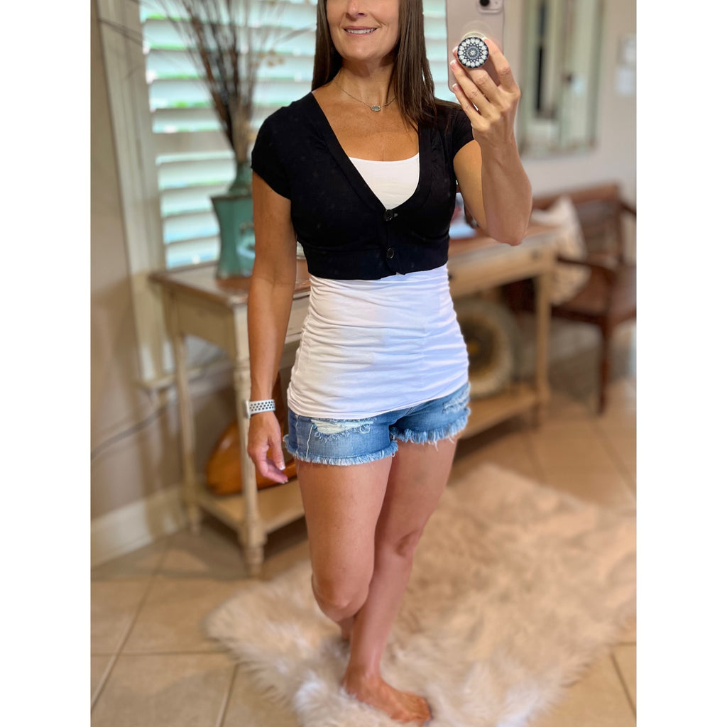 Preppy Cropped Cleavage Midriff Cardigan Puff Sleeve Tee Top Black S/M/L