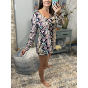 “Night Out With the Girls” Snakeskin Print Deep V Neck Long Sleeve Pink Multi