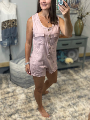 Sexy V-Neck Linen Sleeveless Dressy Romper Shorts Pocket Bottom Pink S/M/L
