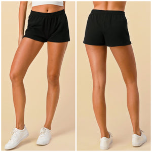 Sporty Shorts Thin Ribbed Mid Rise Pull On Elastic Waist Casual Cotton Black