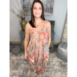 “In The Springtime” Maxi Dress Tie Dye French Terry V Neck Cami Tank Long Tube Pocket Summer Peach Blue