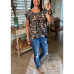 “I’m Still A Girl” Camouflage Gathered Chest Short Ruffle Sleeve Top Green S/M/L/XL