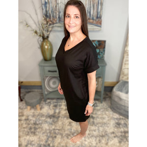 "Timeless" Boxy V-Neck Rolled Cuff Sleeve Pocket Summer Tee Shirt Dress Black S/M/L/XL