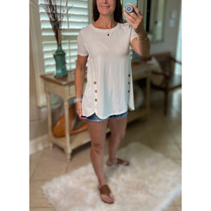 "I Gotta Feeling" Round Neck Floaty Tunic Short Sleeve Wood Button Detail Ivory S/M/L/XL