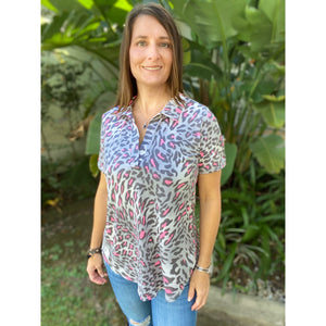 “She Is Fierce” Leopard V-Neck Collar Short Sleeve Tab Button Floaty Top Gray Pink