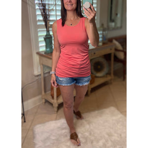 "All Summer Long" Scoop Neck Ruched Gathered Sides Sleeveless Summer Top Deep Coral S/M/L/XL