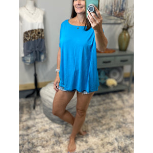 PIKO Dolman Wide Open Boat Neck Dolman Sleeve Tunic Top Shirt Blue S/M/L