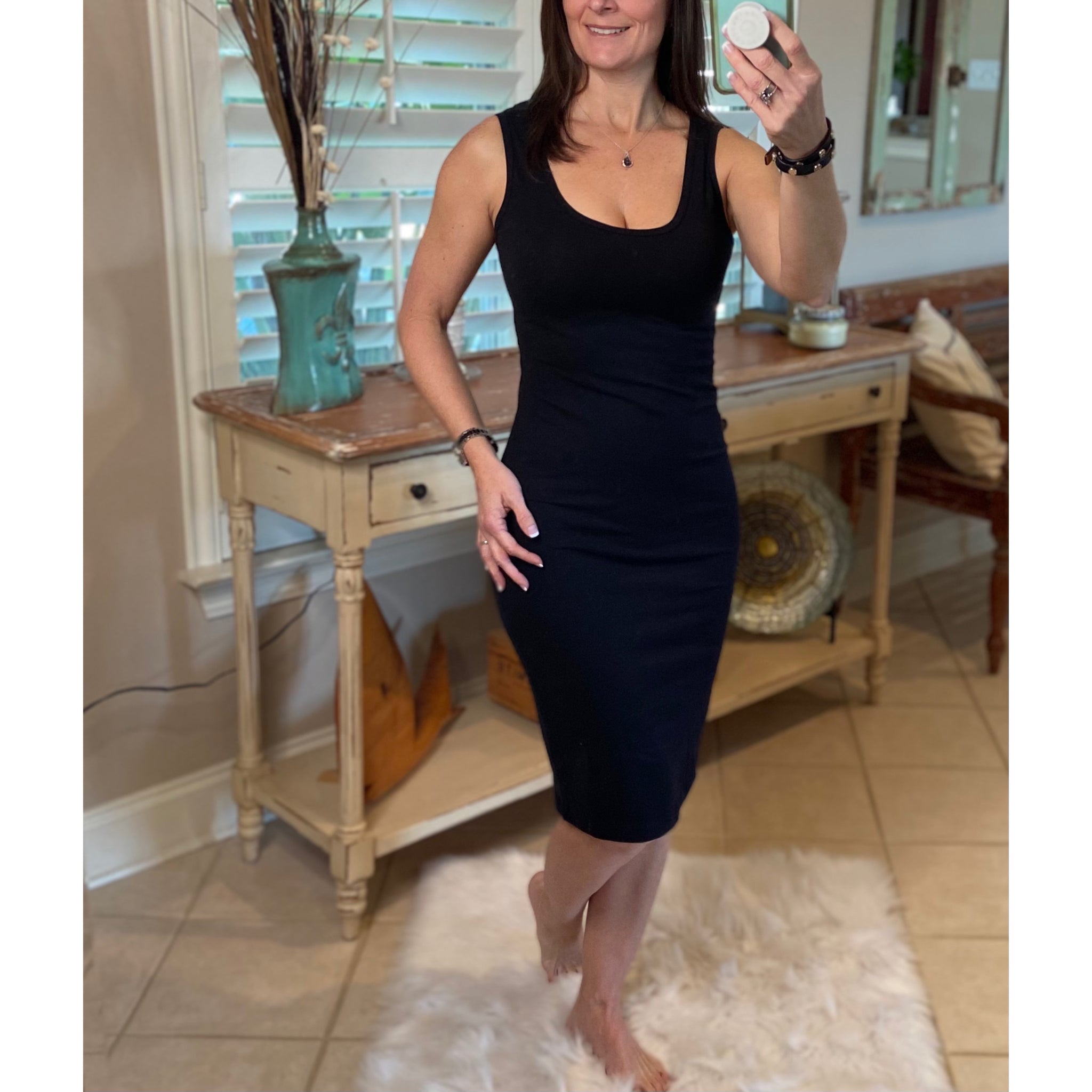 Scoop Neck Cleavage Bodycon Sleeveless Midi Summer Tank Dress Black