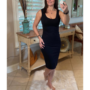 Scoop Neck Cleavage Bodycon Sleeveless Midi Summer Tank Dress Black
