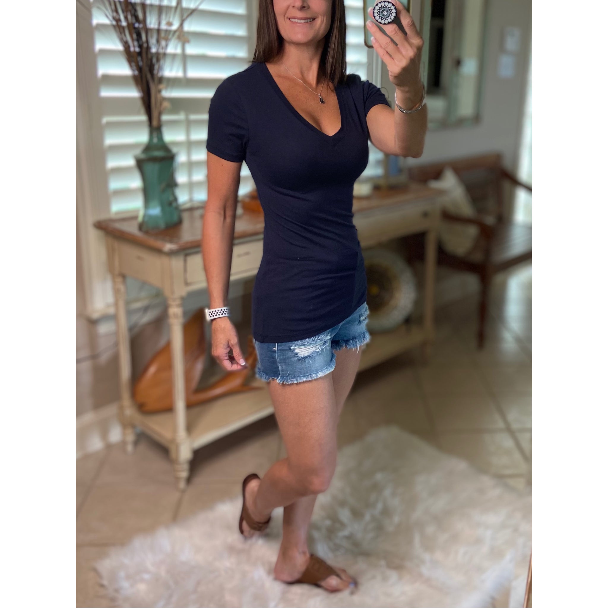 “Basic Babe” Low Cut V-Neck Cleavage Baby Slimming Basic Tee Shirt Navy 1X/2X/3X