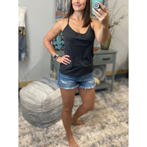 “Can’t Get Away” Low Cut Scoop Neck Mesh Racerback Shirred Tissue Tank Shirt Top Gray S/M/L