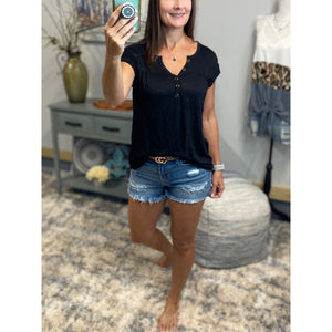 “Just Be You” Sheer Burnout Melange Tissue V Neck Henley Short Tab Sleeve Shirt Tee Black