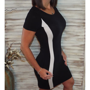 Sporty Bodycon Scoop Neck Short Sleeve Contrast Stripe Stretch Dress Black