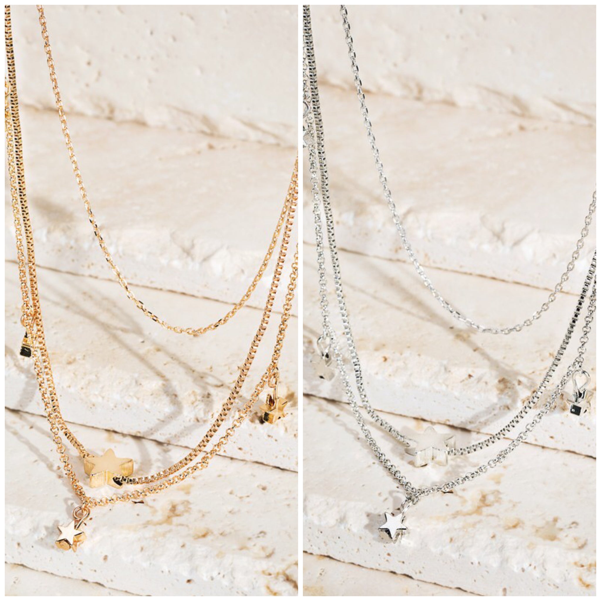 “Stars in My Eyes” 3 Strand Star Charmed Tiered Adjustable Necklace Silver