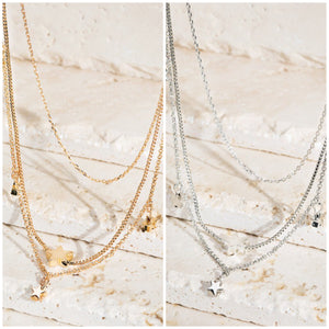 “Stars in My Eyes” 3 Strand Star Charmed Tiered Adjustable Necklace Silver