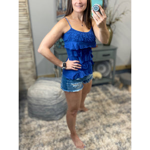 Tiered Ruffle Lace Scoop Neck Low Cut Cleavage Tank Cami Top Blue S/M/L