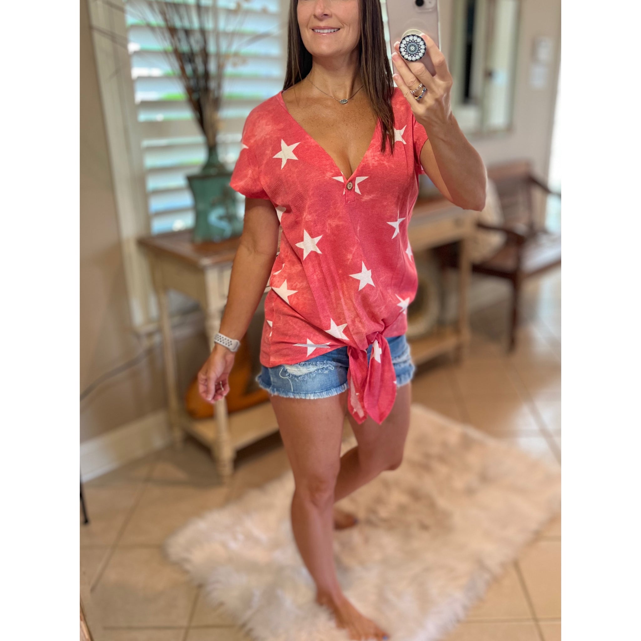 "Don't Stop Believing" Star Print 4th of July America Floaty Henley Self Tie Red S/M/L