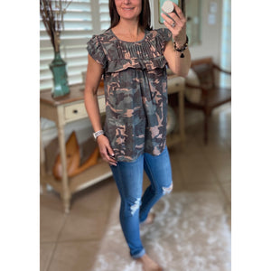 “I’m Still A Girl” Camouflage Gathered Chest Short Ruffle Sleeve Top Green S/M/L/XL