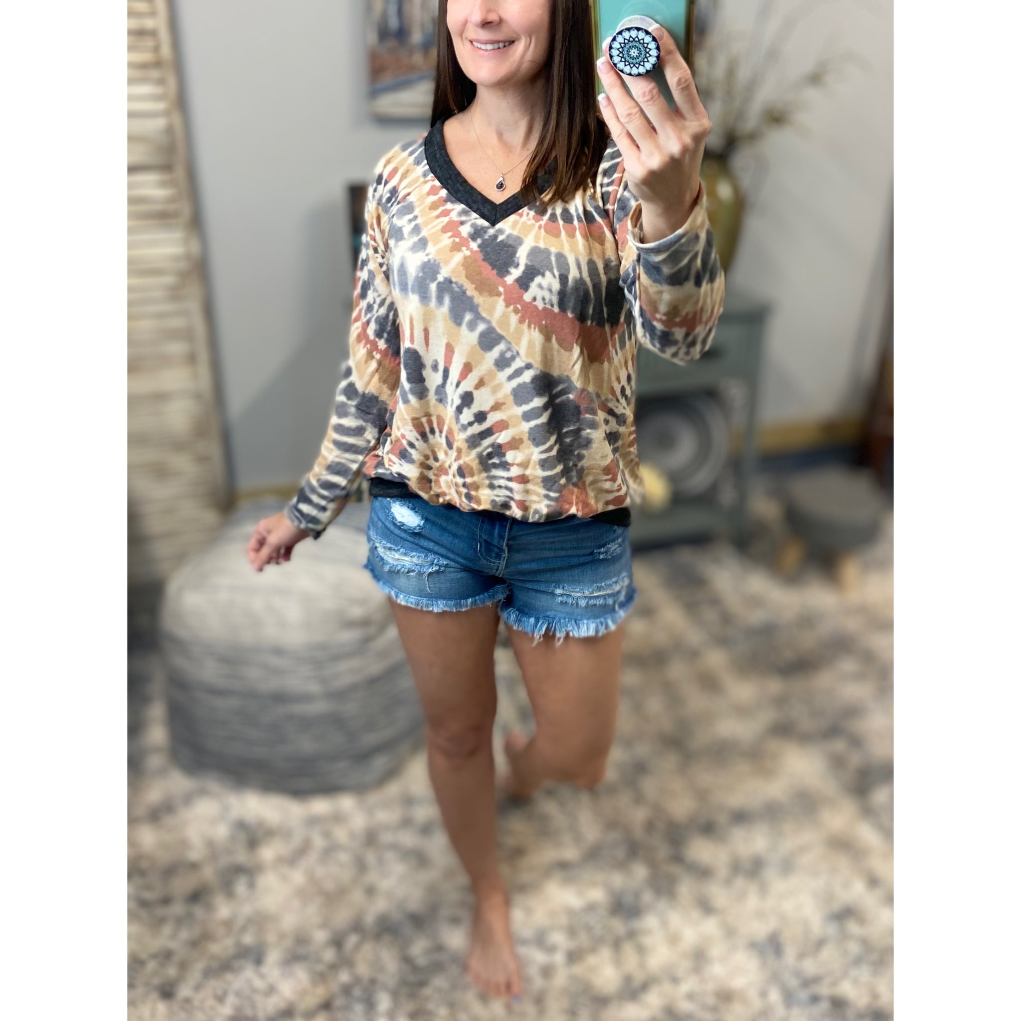“When I Come Around” Swirl Tie Dye French Terry Long Sleeve V-Neck Banded Bottom Top Multi
