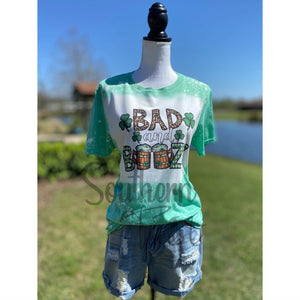 “Bad and Boozy” St. Patrick’s Day Bleached Sublimation Boyfriend Basic Tee Shirt Green S/M/L/XL/2X