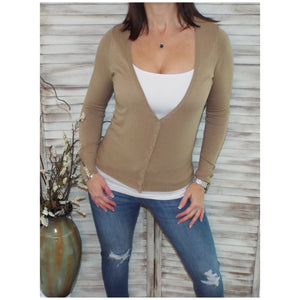 Sexy Preppy Cropped Cleavage Button Up Cardigan Long Sleeve Sweater Khaki Tan