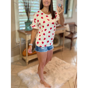 "Can't Buy Me Love" Heart Valentine Round Neck Short Ruffle Flutter Sleeve Top Red White