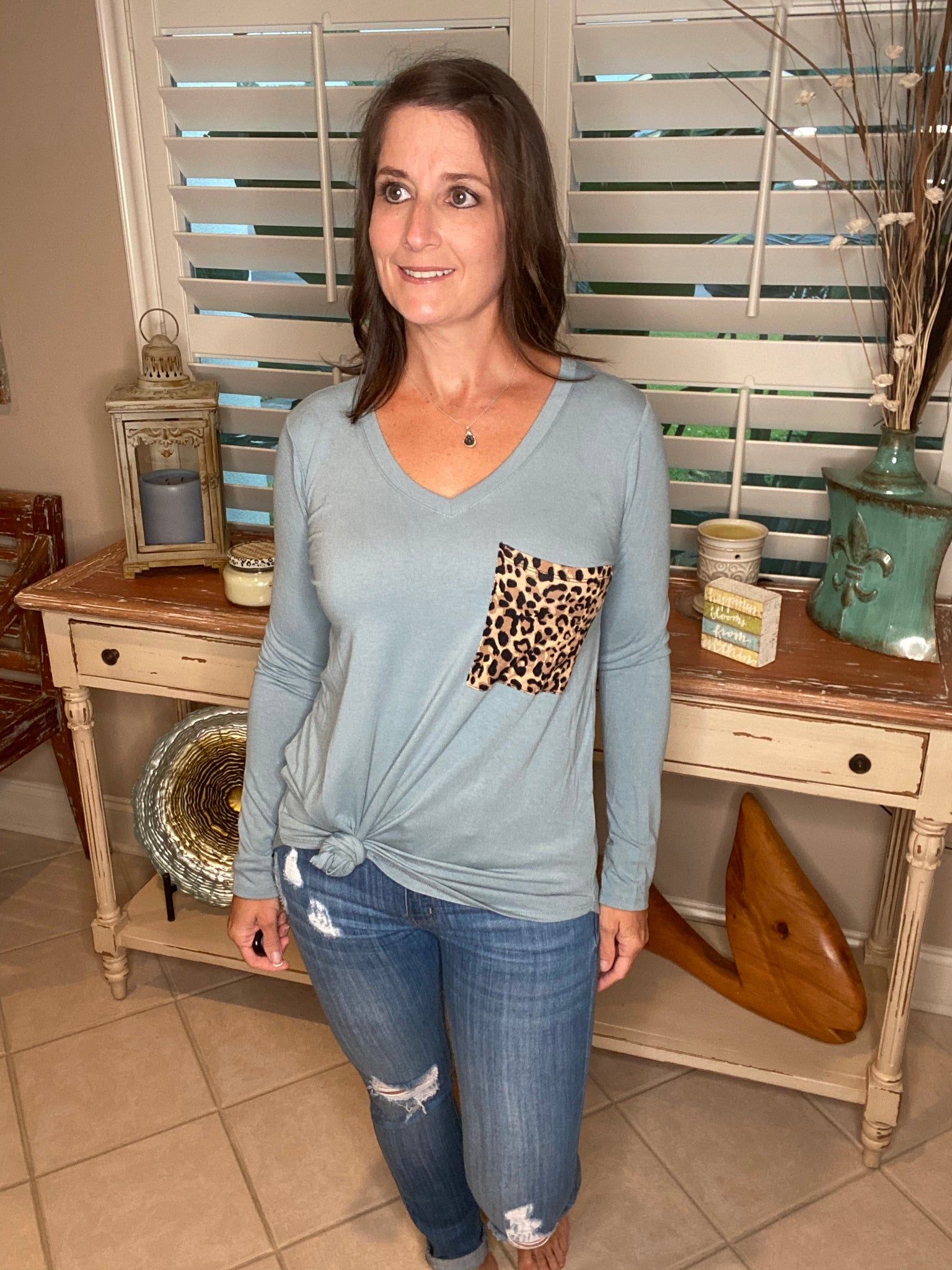 V-Neck Floaty Animal Print Leopard Pocket Long Sleeve Blue S/M/L/XL