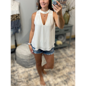 Very Sexy Low Cut Choker Sheer Floaty Empire Tank White S/M/L
