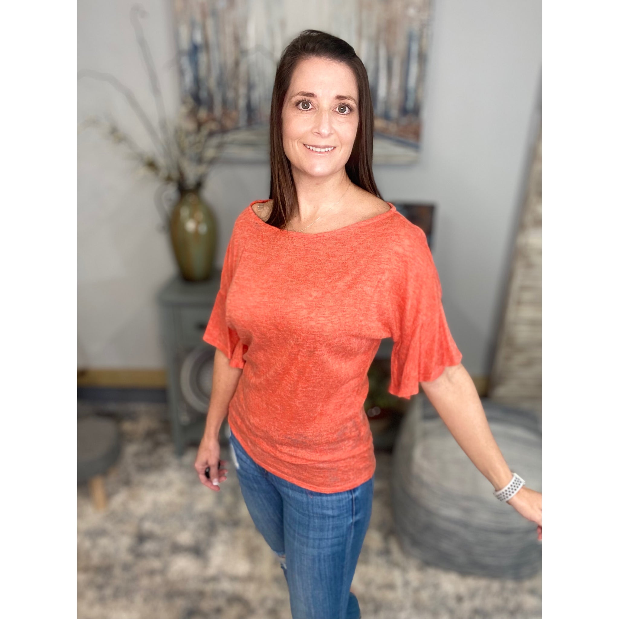 "Charmed Life" Boat Neck Short Ruffle Bell Dolman Flutter Sleeve Top Coral S/M/L