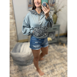 “Better Half” Leopard French Terry Color Block Hoodie Kangaroo Pocket Crew Neck Long Sleeve Gray