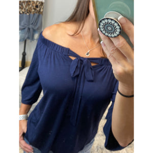 "Pricilla" Off Shoulder Floaty 3/4 Sleeve Tie Bow Blouse Shirt Top Navy S/M/L