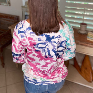 “Wild About You” Multi Tie Dye Wide Rounded Neck Off Shoulder Banded Long Sleeve Top Rose