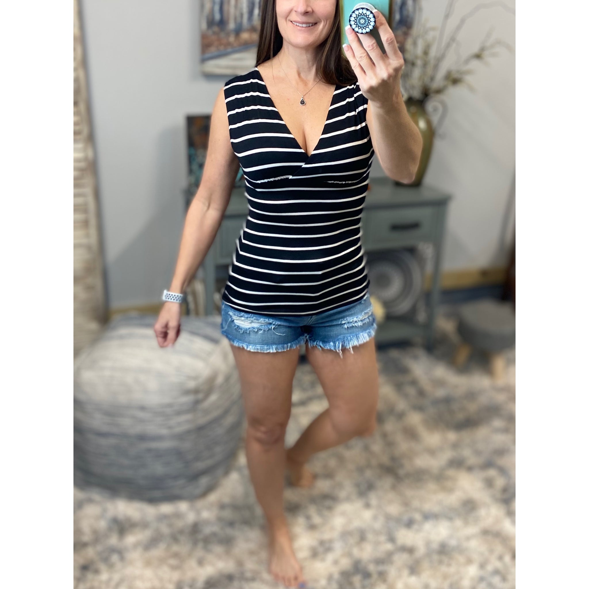 Striped Low Cut Cleavage Empire Faux Wrap Summer Tank Top Black S/M/L
