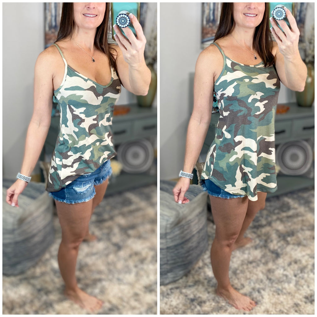 “Heat Wave” Reversible Camouflage Low Scoop Or V Neck Spaghetti Strap Tank Top Light Green