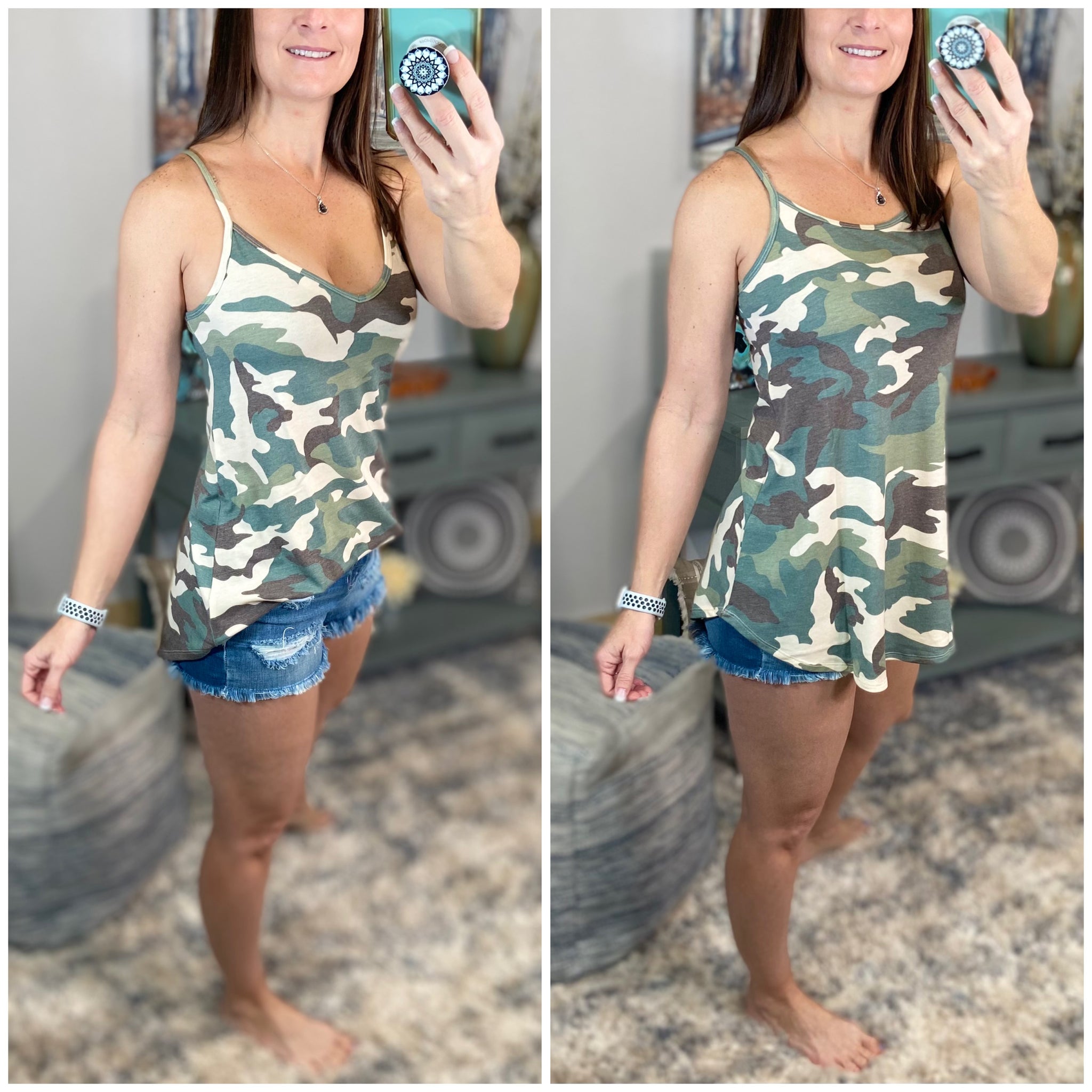 “Heat Wave” Reversible Camouflage Low Scoop Or V-Neck Tank Shirt Top Light Green S/M/L/XL