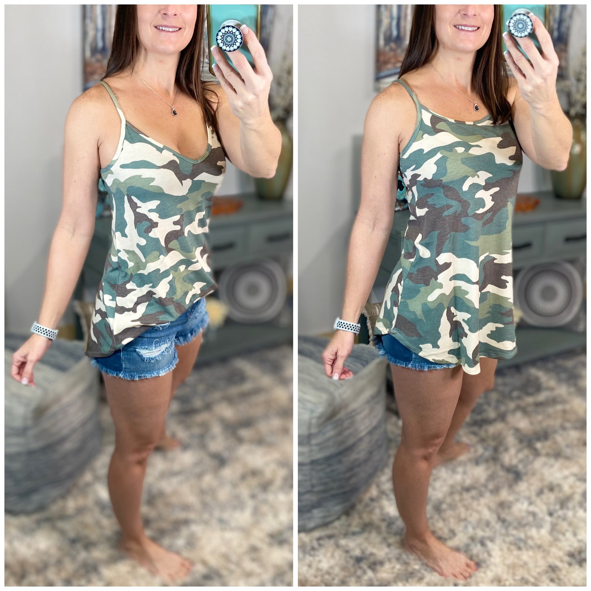 “Heat Wave” Reversible Camouflage Low Scoop Or V Neck Spaghetti Strap Tank Top Light Green