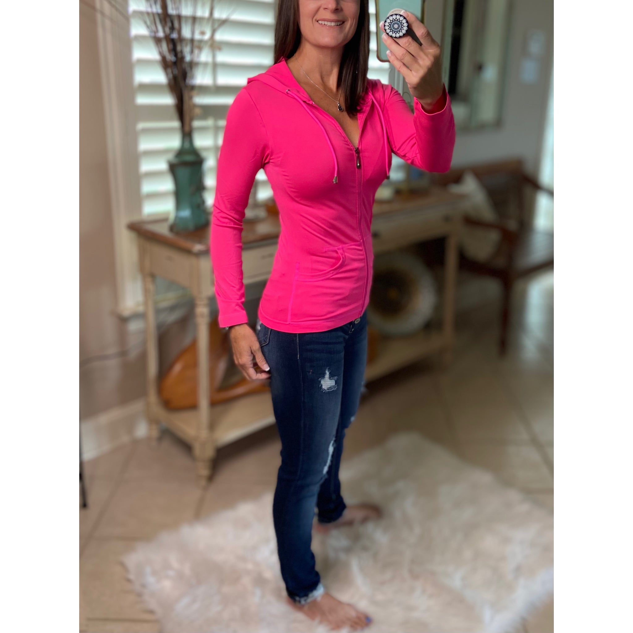 Sexy Sporty Slimming Seamless Zipper Lightweight Hoodie Jacket Pockets Neon Pink OS