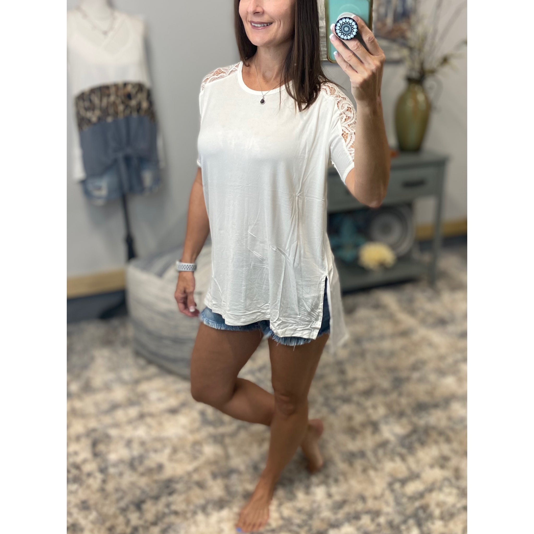 "All About The Lace" Lace Short Sleeve Scoop Neck Hi Lo Bottom Dressy Ivory