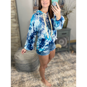 “Free Bird” Tie Dye Crew Neck Waffle Drawstring Light Long Sleeve Hoodie Blue