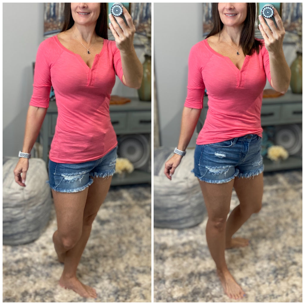 "Come Together" V Neck Crochet Plunge Cleavage Melange 3/4 Cuff Sleeve Top Coral Pink