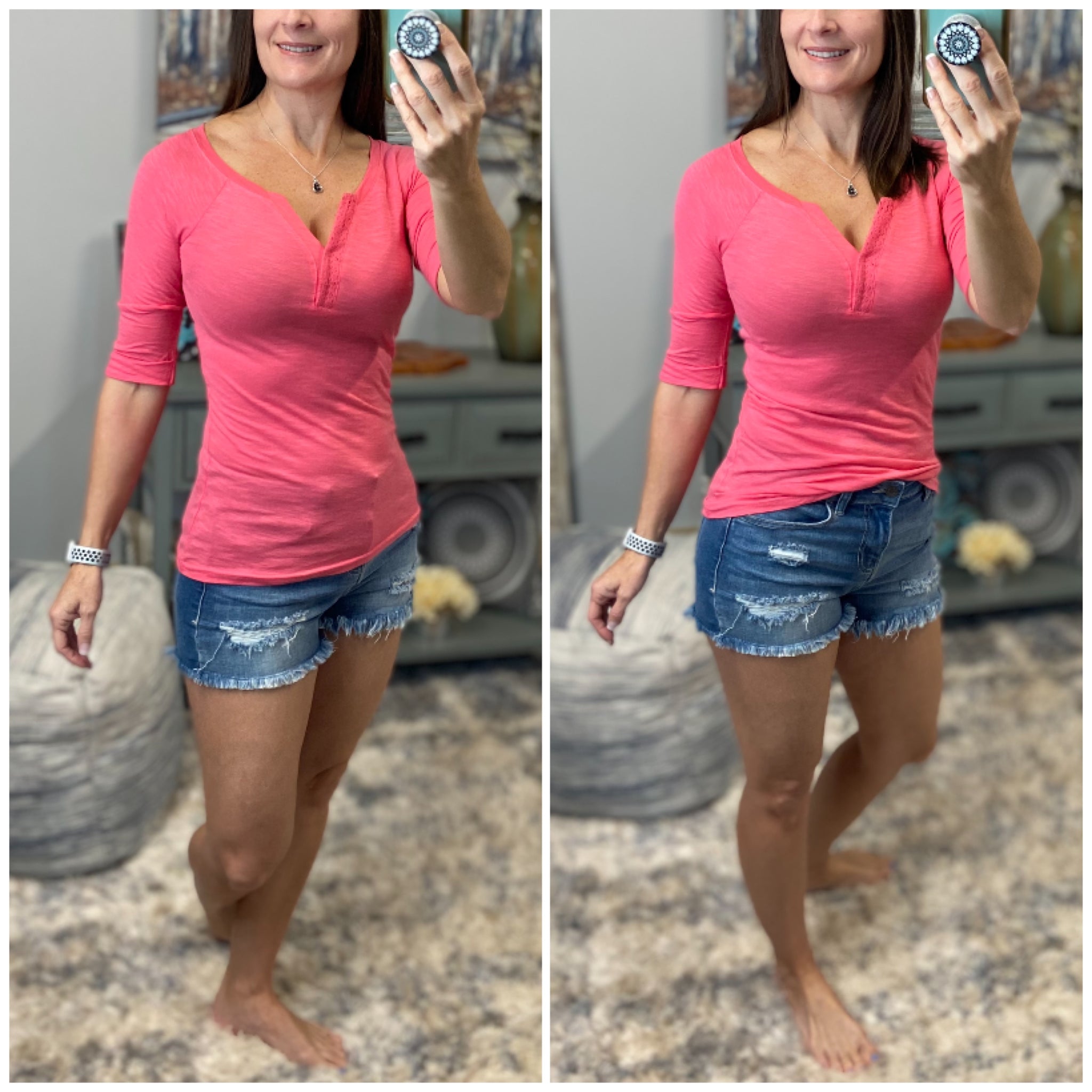 "Come Together" V Neck Crochet Plunge Cleavage Melange 3/4 Cuff Sleeve Top Coral Pink