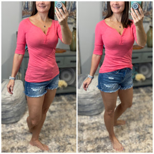 "Come Together" V Neck Crochet Plunge Cleavage Melange 3/4 Cuff Sleeve Top Coral Pink