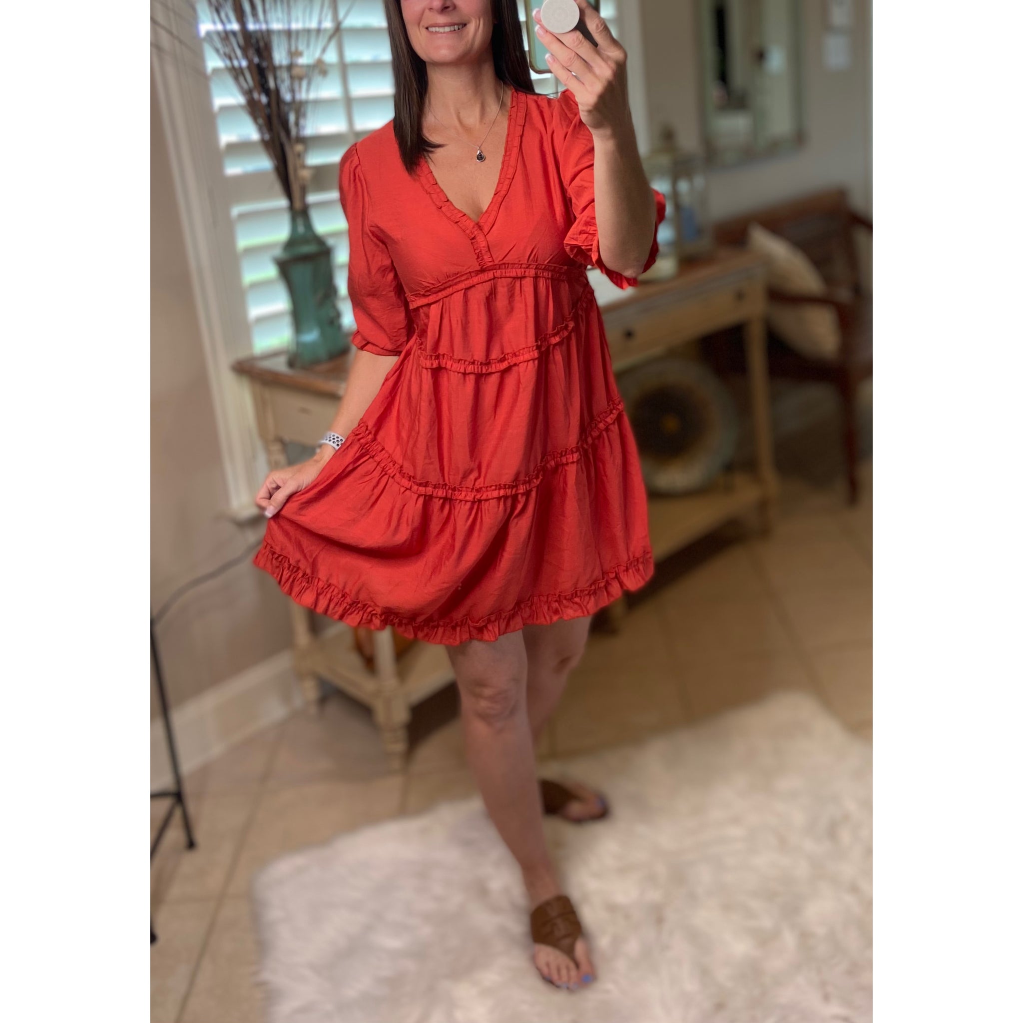 “Say You Won’t Let Go” Boho Tiered Ruffle Trim V Neck Half Sleeve Western Peasant Babydoll Dress Rust