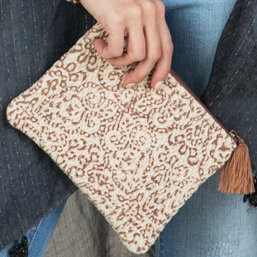Weave Block Bohemian Print Clutch With Tassel Zipper Tan Ivory