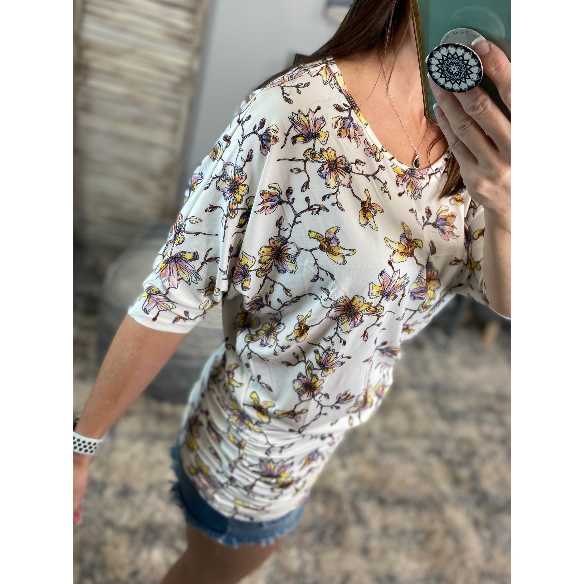 “Everybody Talks” Floral Dolman Tunic 3/4 Sleeve Ruching Detail Top Dress Cream S/M/L/XL