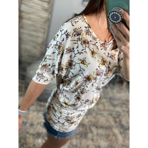 “Everybody Talks” Floral Dolman Tunic 3/4 Sleeve Ruching Detail Top Dress Cream S/M/L/XL