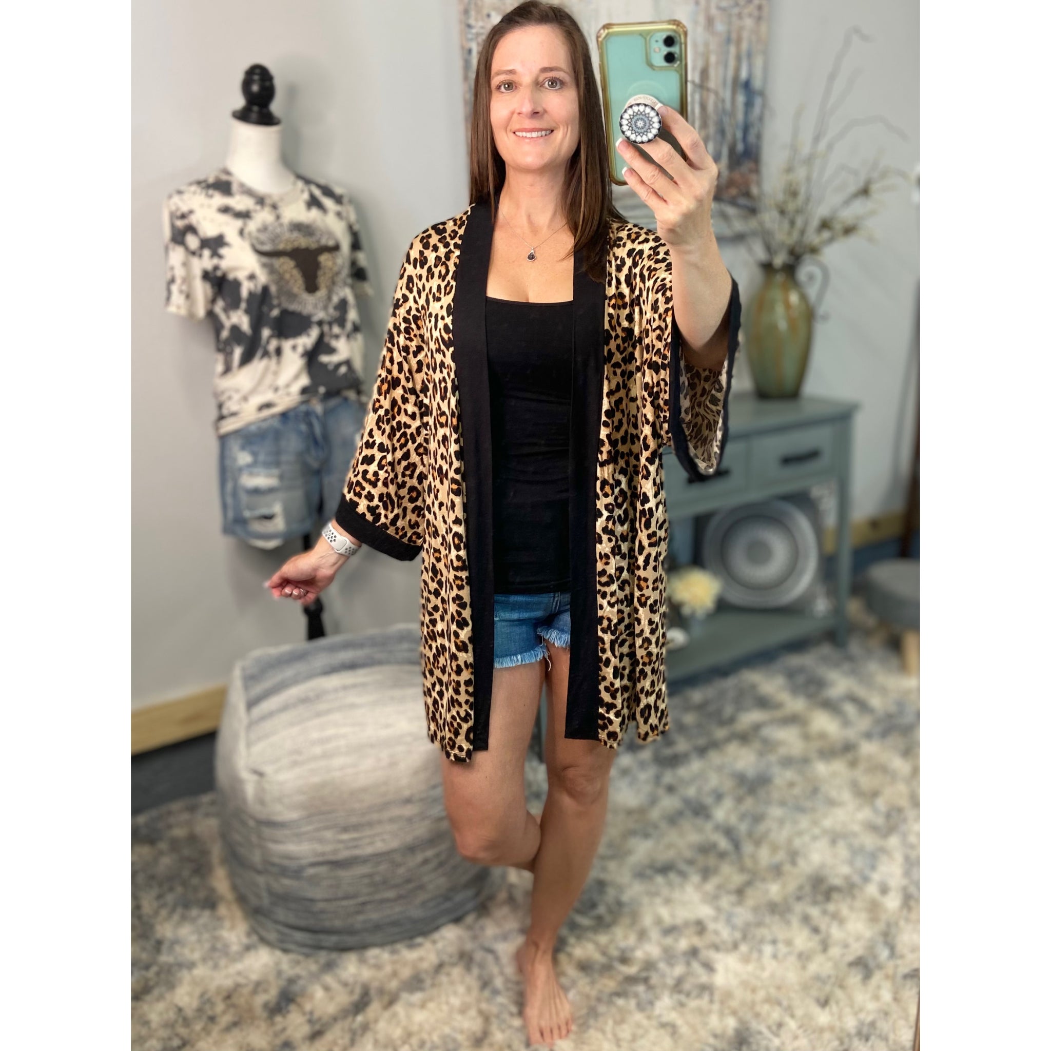 “Express Yourself” Leopard Contrast Trim Long Open Front Kimono Cardigan Pocket Light 3/4 Sleeve Brown S/M/L/XL