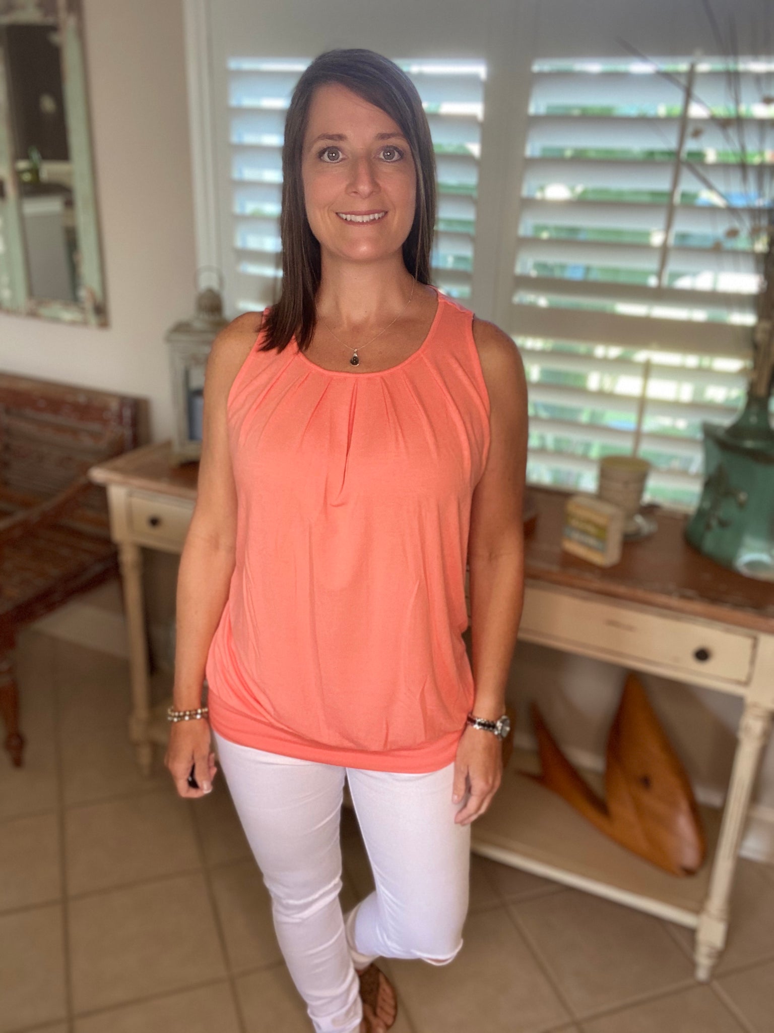 Very Sexy Pleated Scoop Neck Sleeveless Halter Banded Tank Cami Top Coral