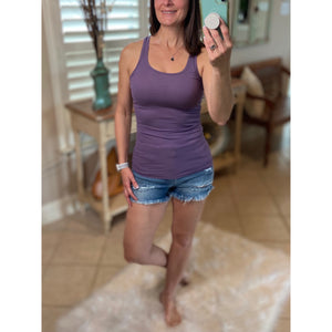 “Can’t Touch This” Ribbed Low Scoop Boy Beater Cleavage Fitted Tank Top Purple Lilac S/M/L